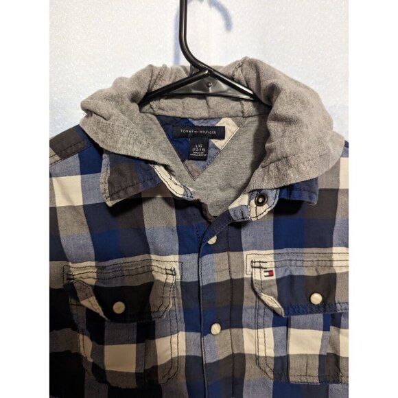 tommy hilfiger Boys Shacket Size Large (12-14) Blue Plaid Hooded Pearl Snaps - Picture 7 of 13